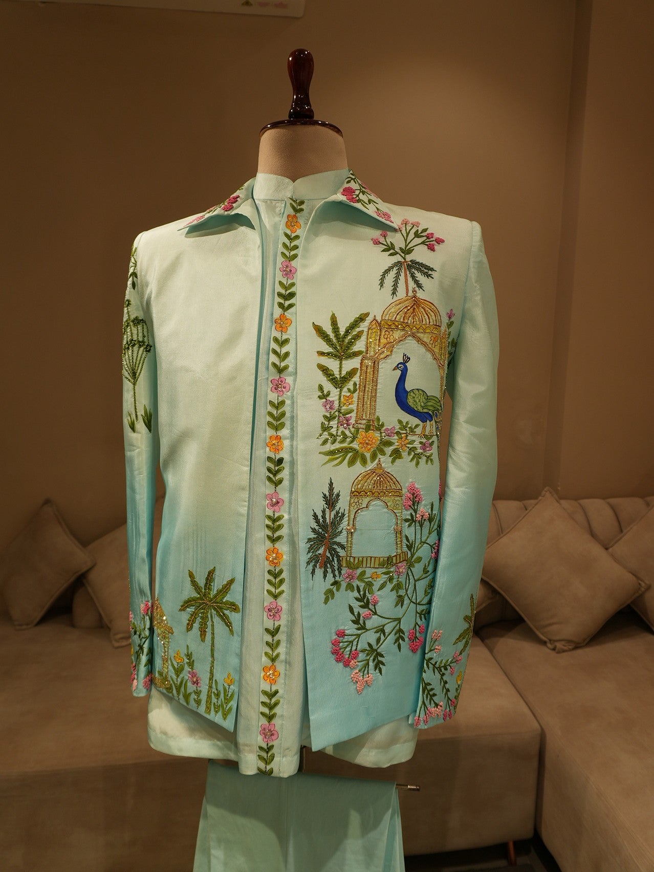 Powder blue peacock hand painted mens indo western