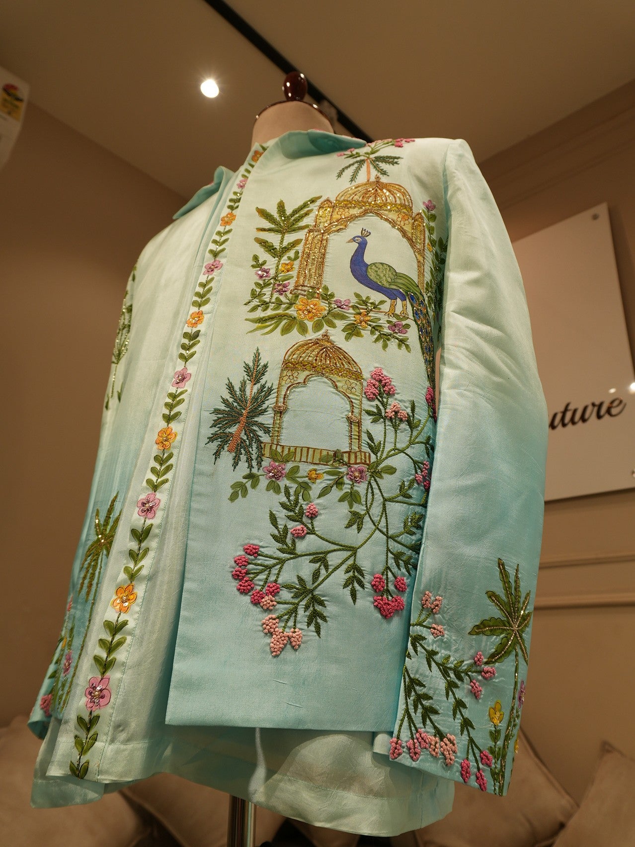 Powder blue peacock hand painted mens indo western