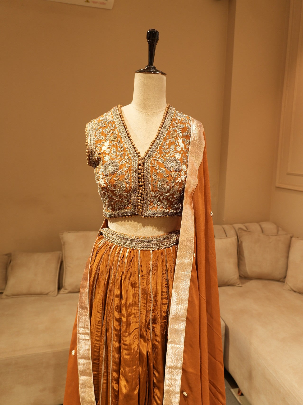 Brunt brown crop top plazo dupatta