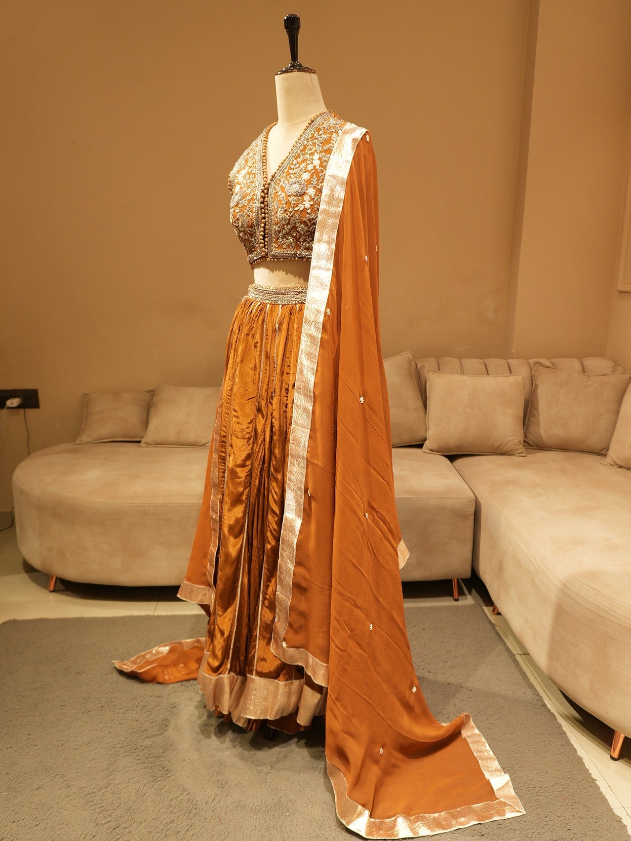 Brunt brown crop top plazo dupatta