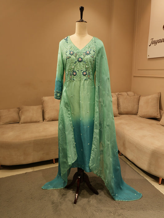 Sea green shaded kurta pants with dupatta