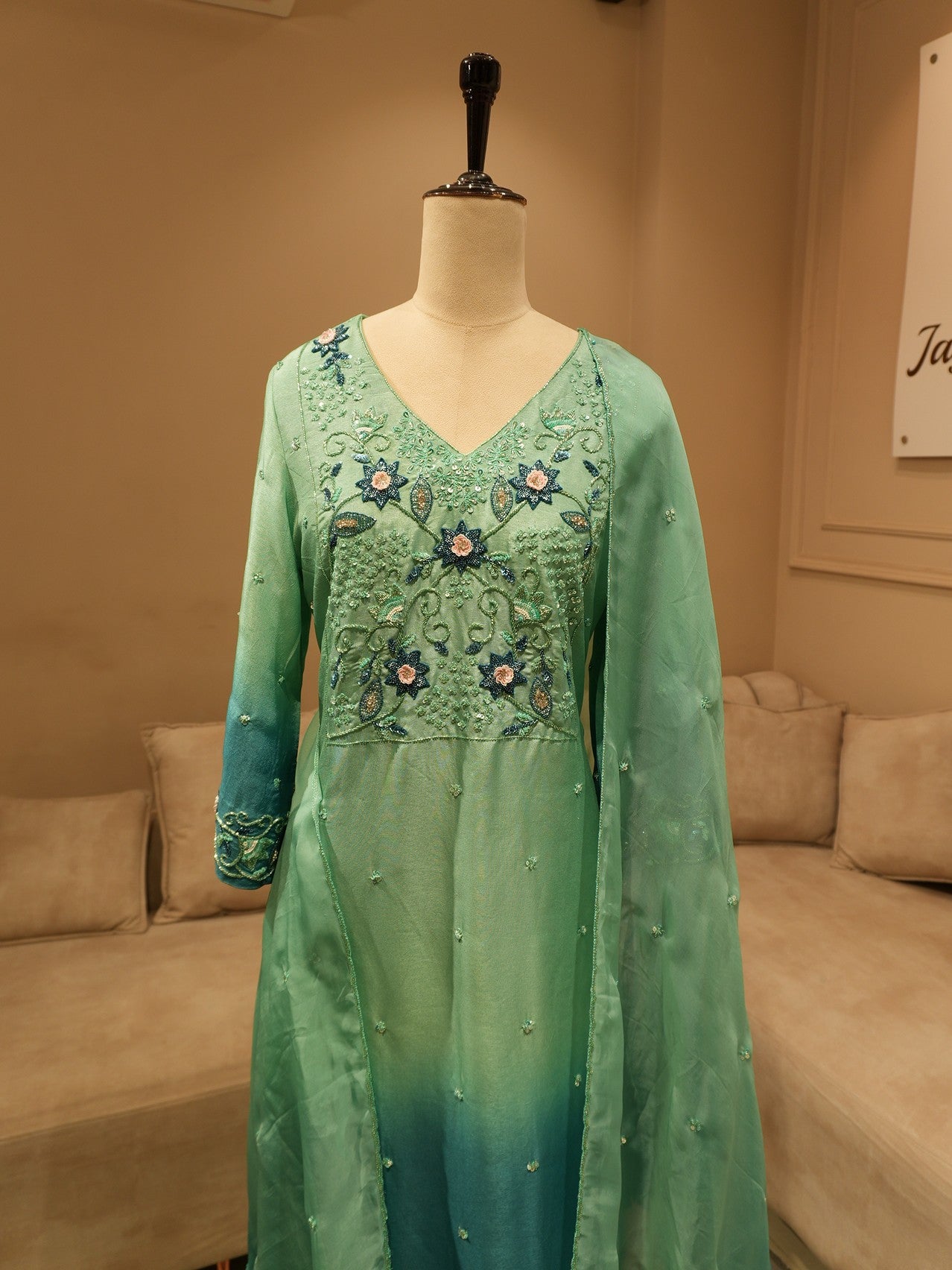 Sea green shaded kurta pants with dupatta