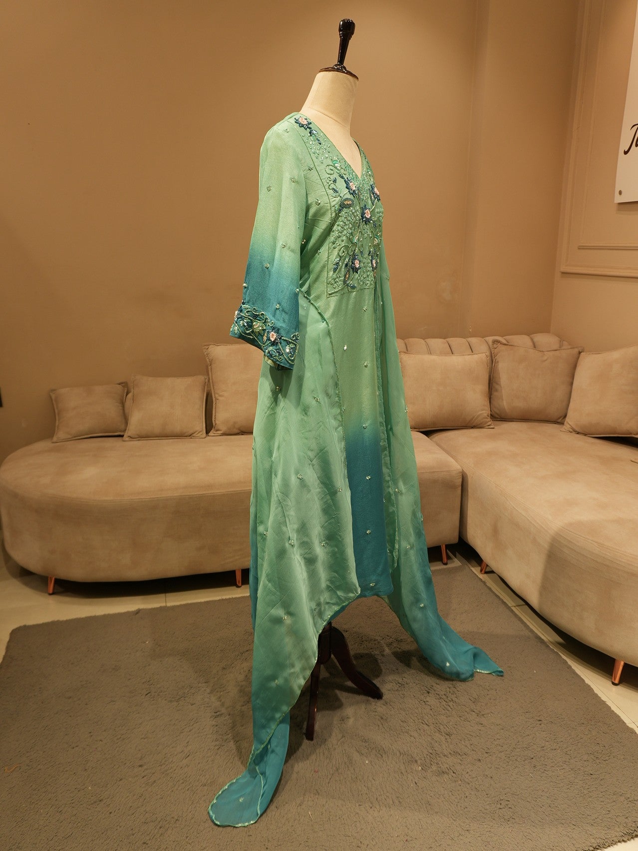 Sea green shaded kurta pants with dupatta