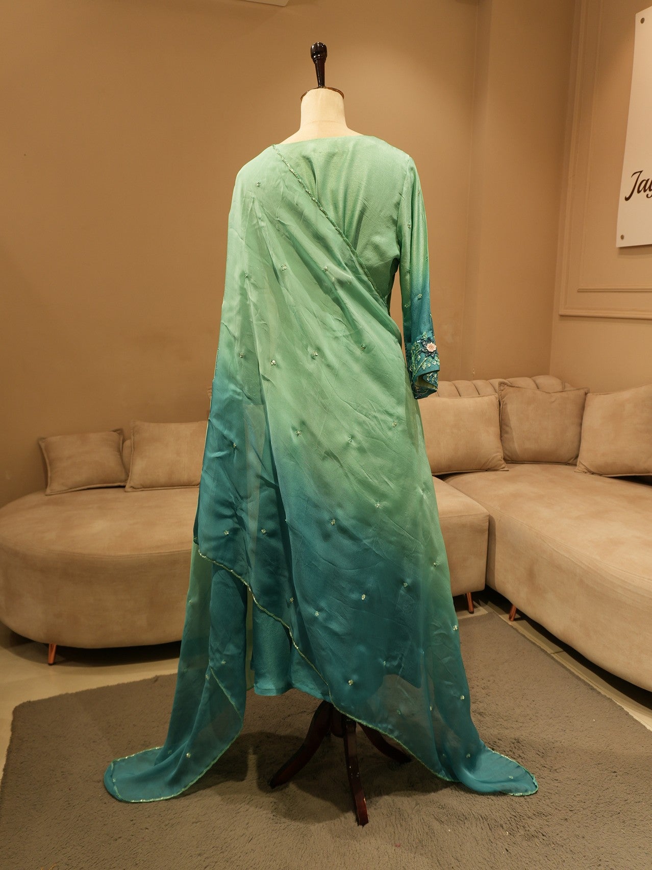Sea green shaded kurta pants with dupatta