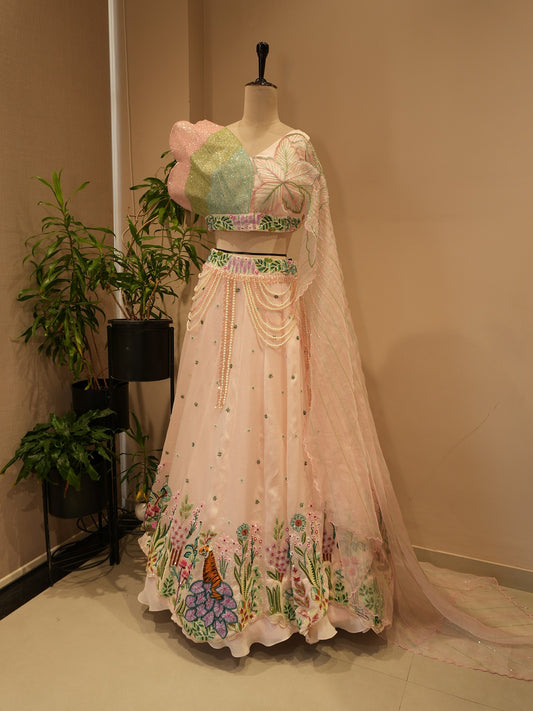 Pastel rose pink tropical lehenga set