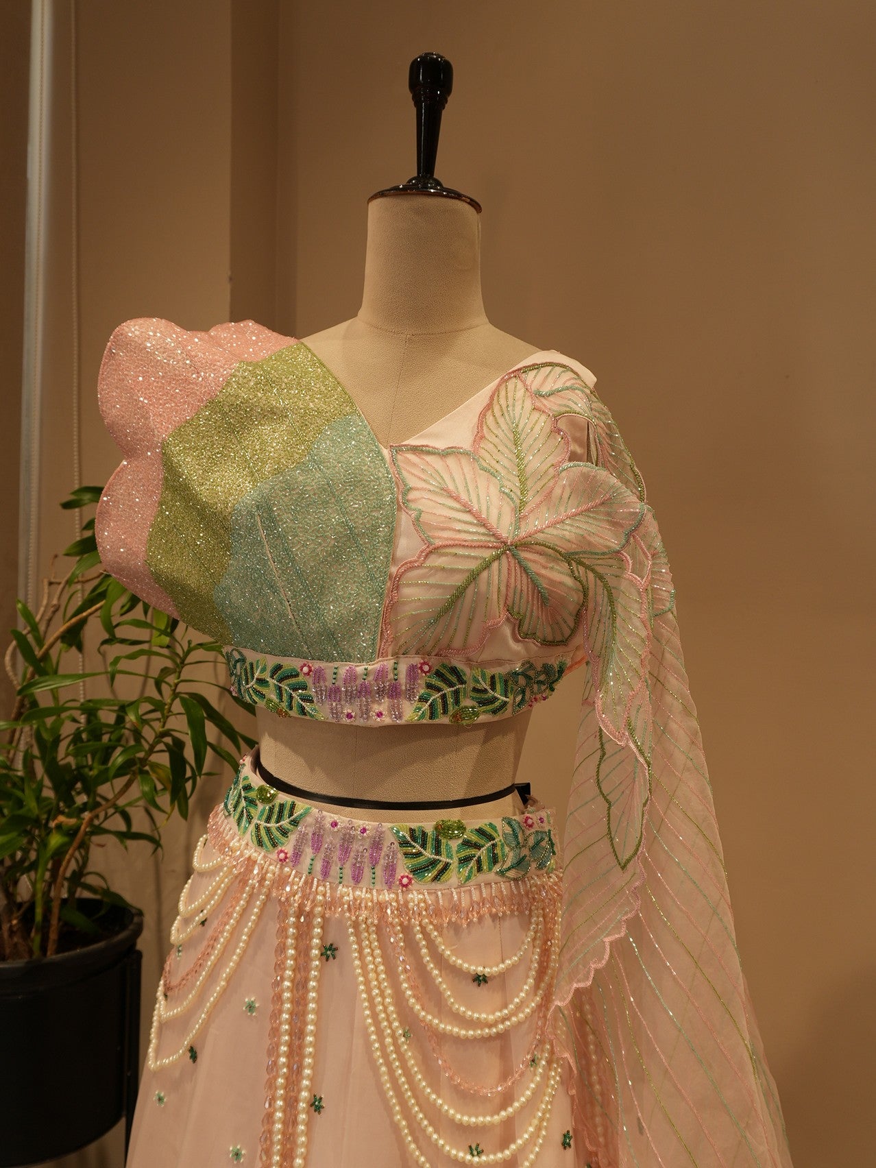 Pastel rose pink tropical lehenga set