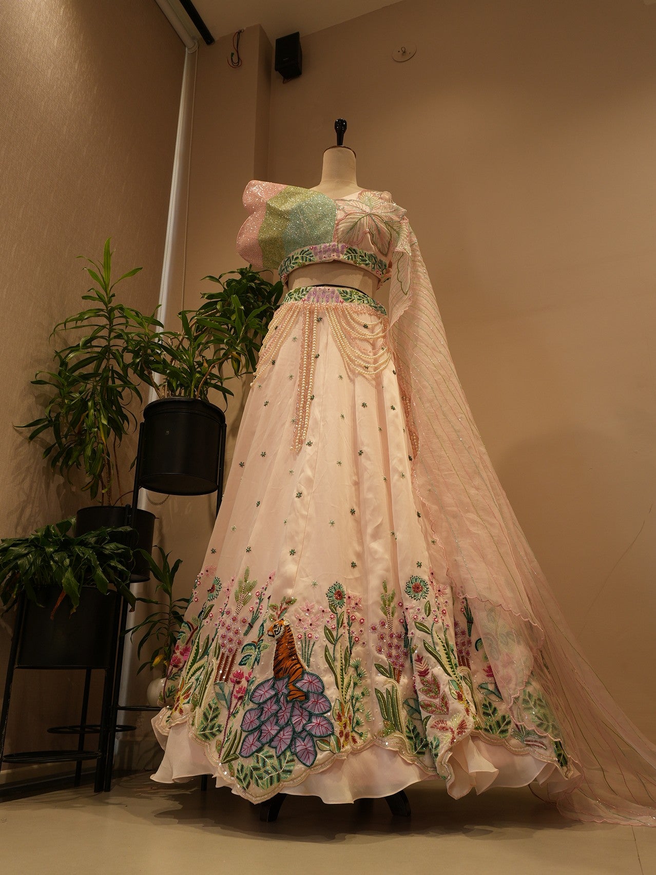 Pastel rose pink tropical lehenga set