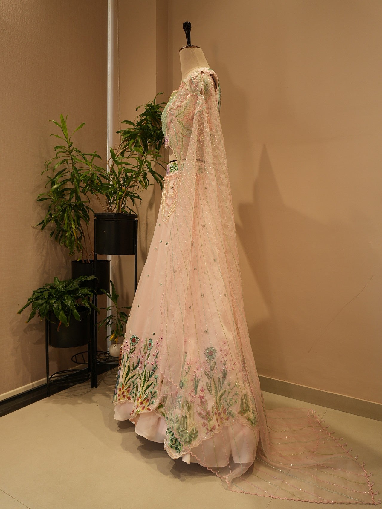 Pastel rose pink tropical lehenga set