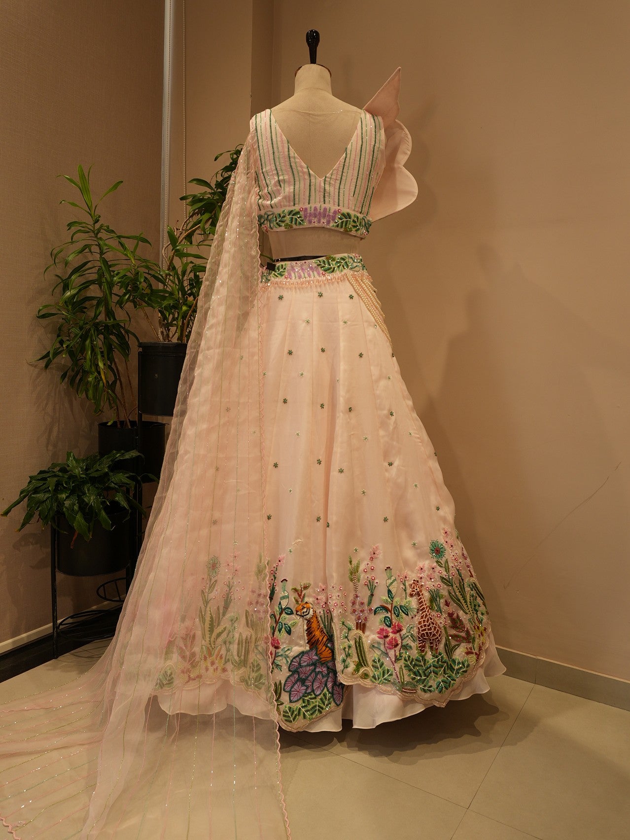 Pastel rose pink tropical lehenga set