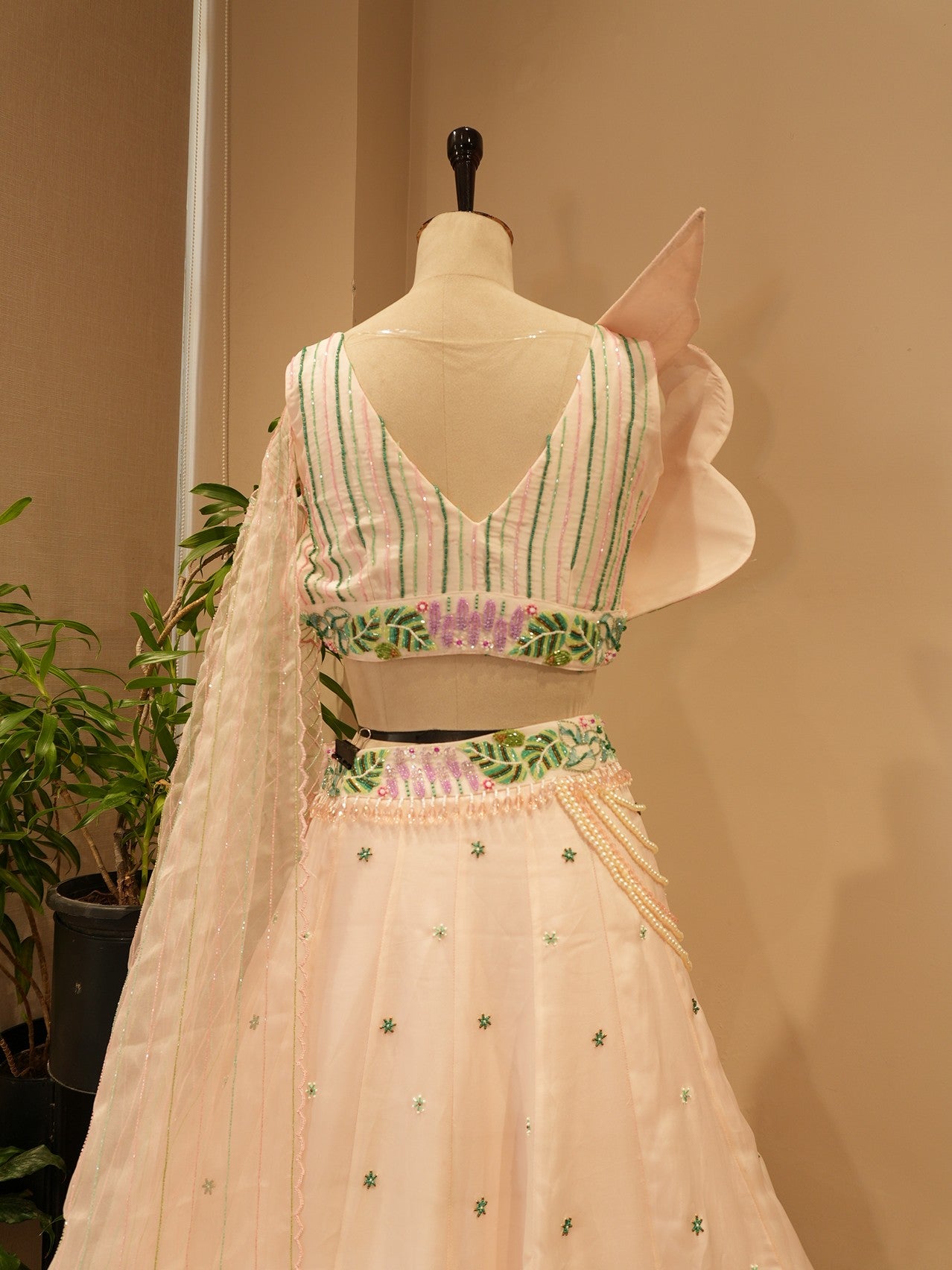 Pastel rose pink tropical lehenga set