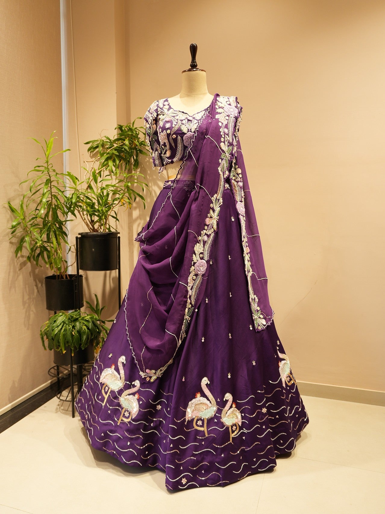 Deep purple crane lehenga set