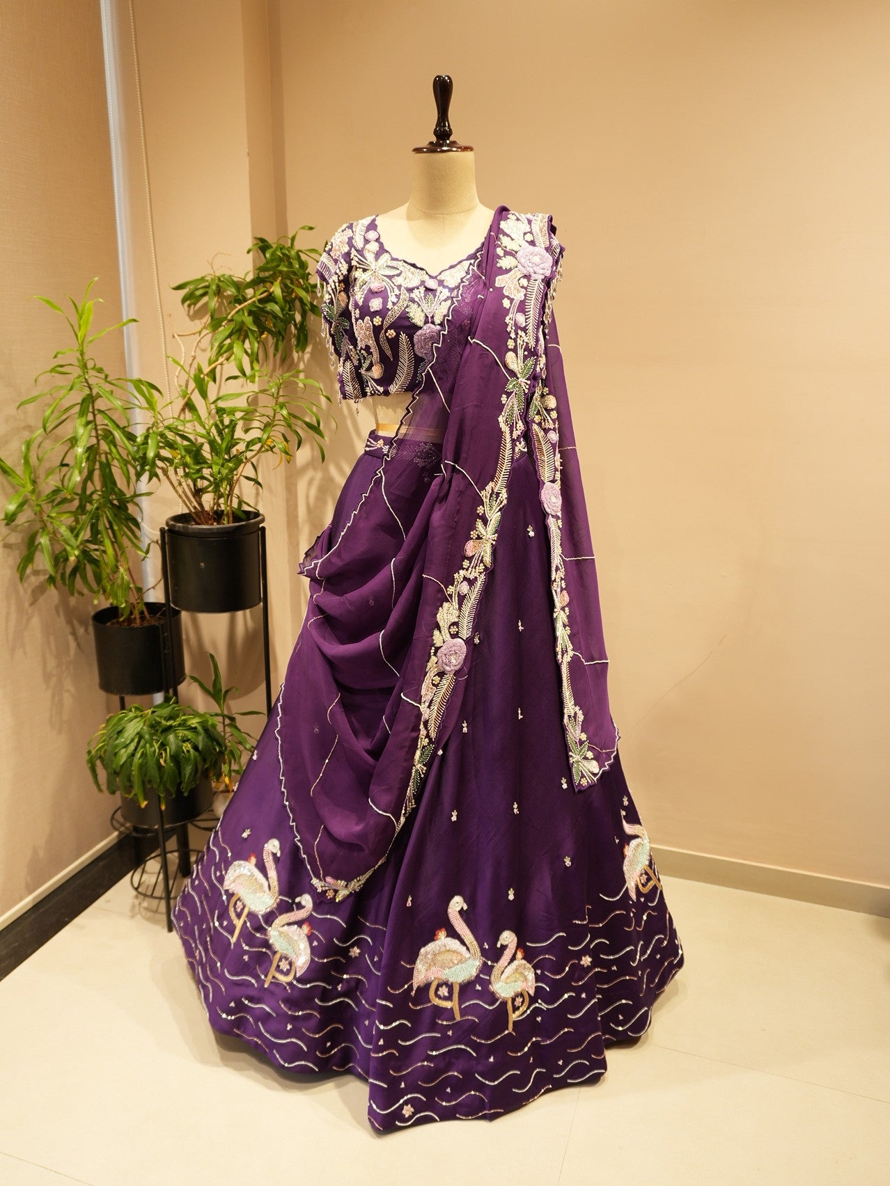 Deep purple crane lehenga set