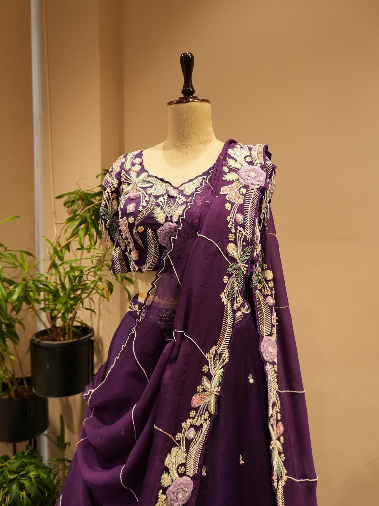 Deep purple crane lehenga set