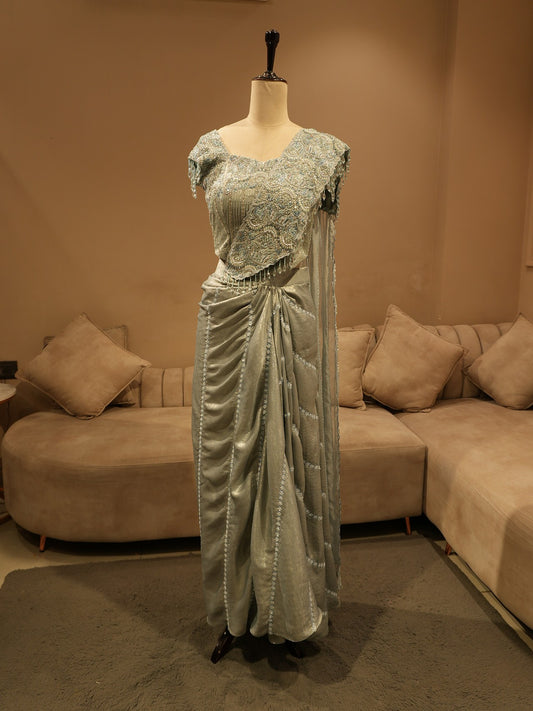Steel grey embroidered drape saree