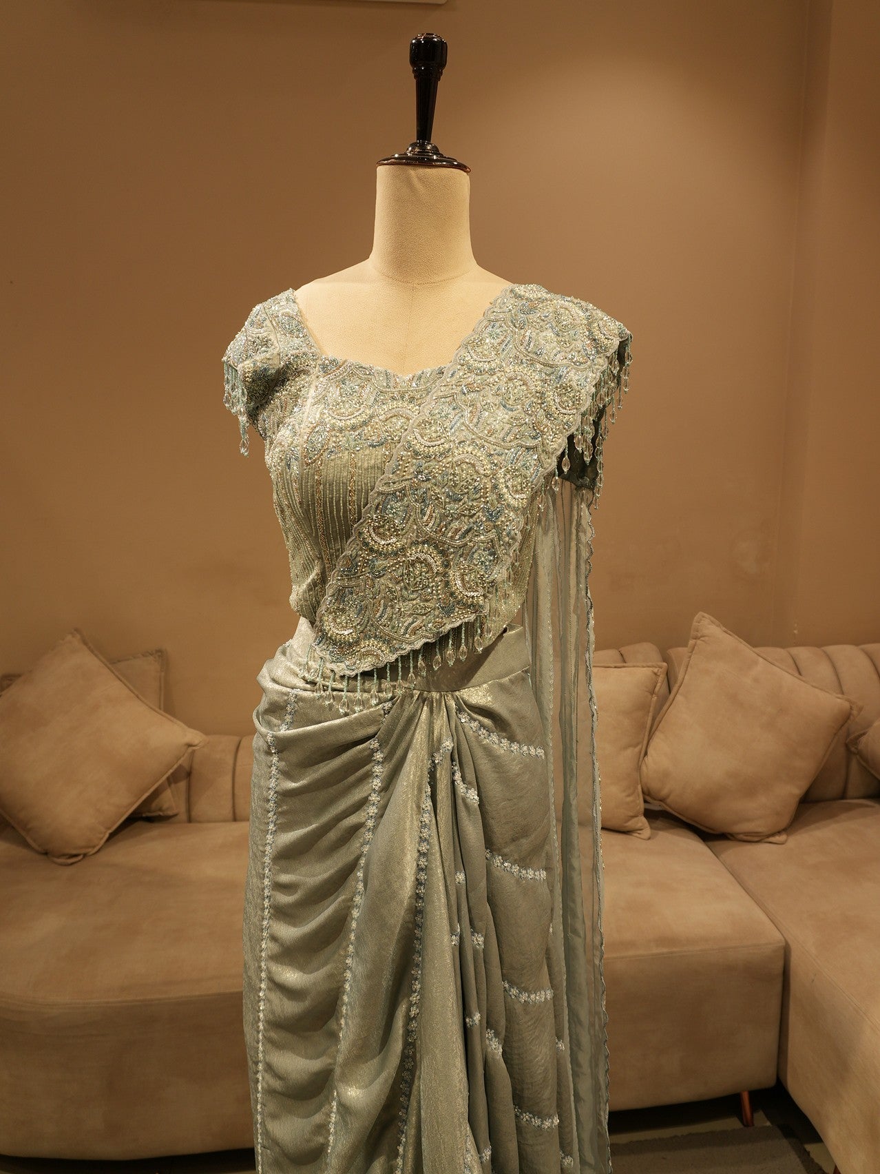 Steel grey embroidered drape saree