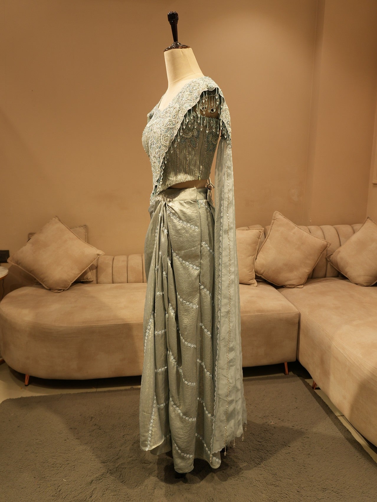 Steel grey embroidered drape saree