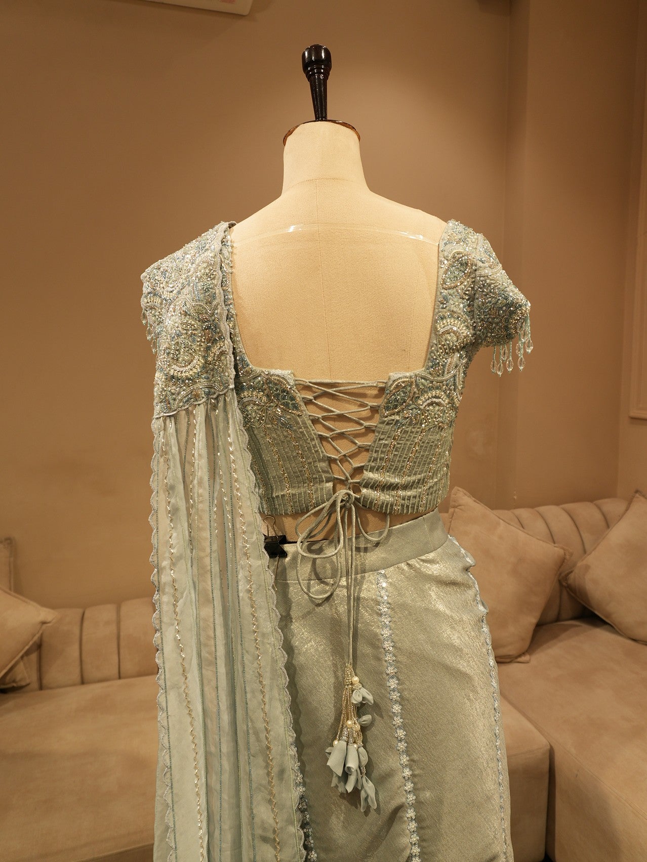 Steel grey embroidered drape saree