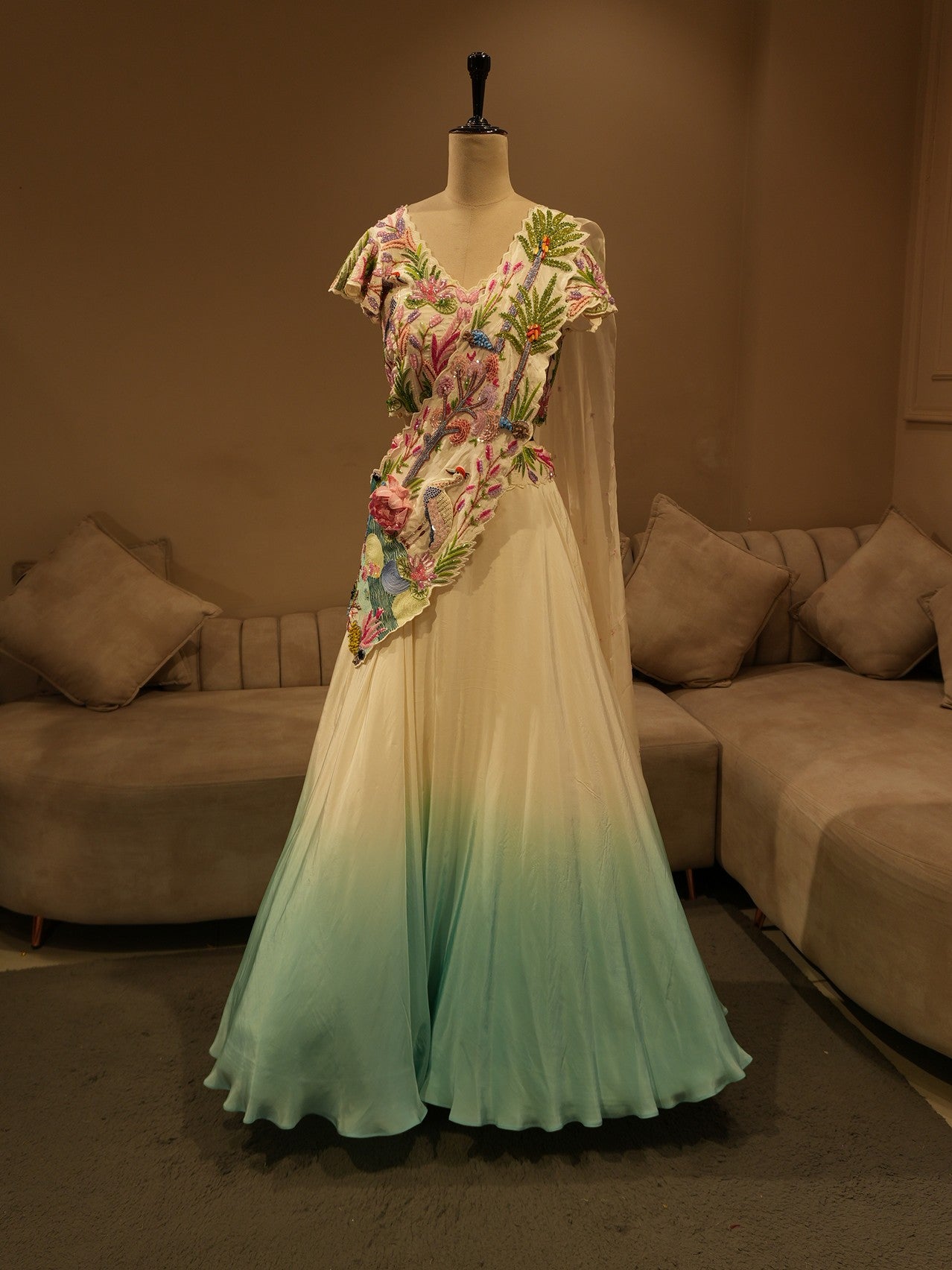 Off white sea green shaded embroidered lehenga set