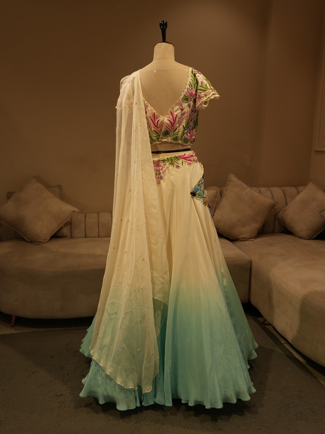 Off white sea green shaded embroidered lehenga set