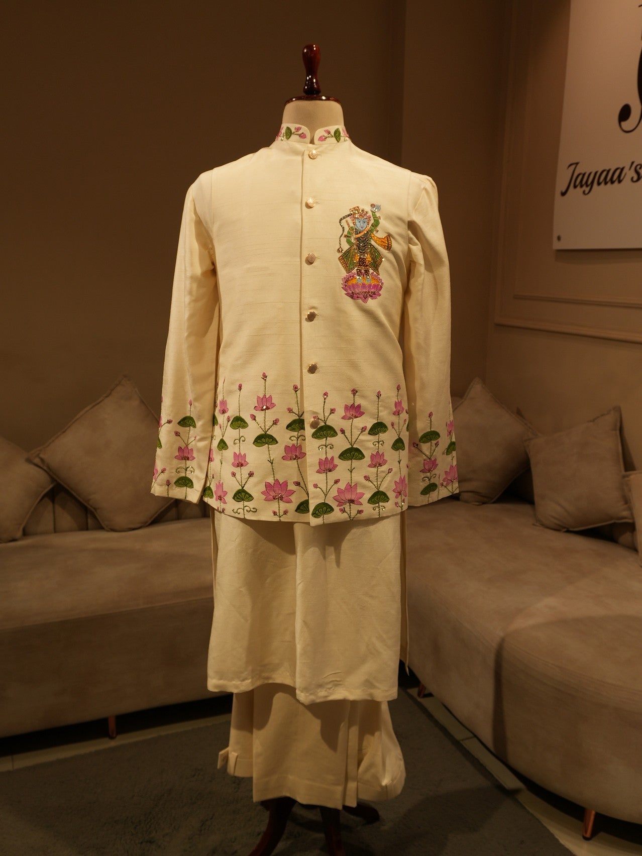 Off white shreenathji hand painted mens neheru jacket with kurta pants