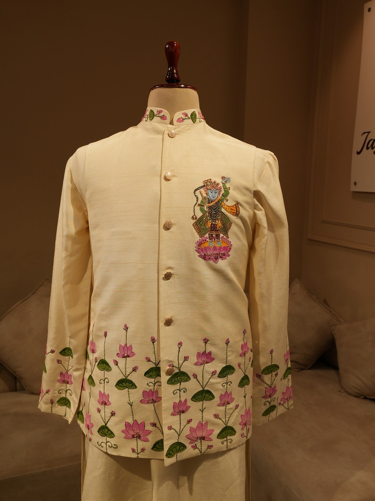 Off white shreenathji hand painted mens neheru jacket with kurta pants