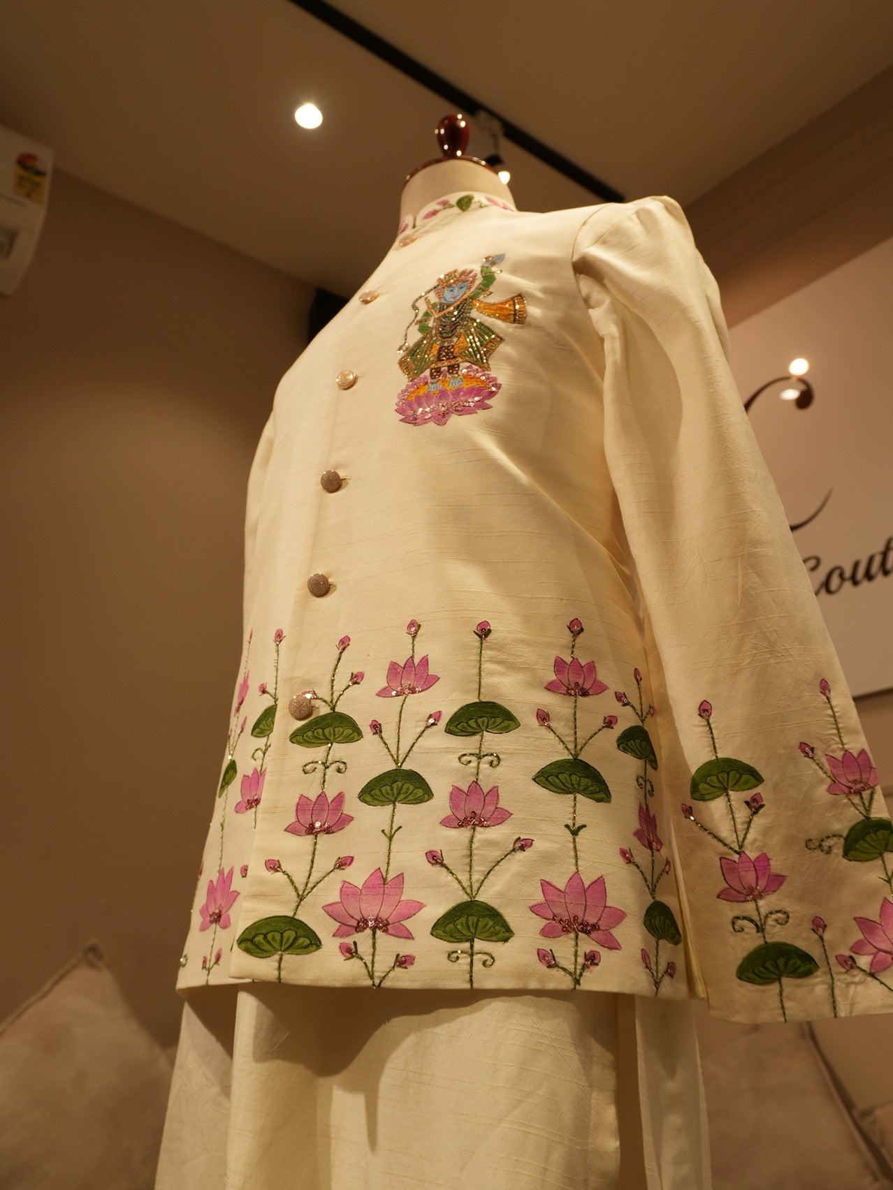Off white shreenathji hand painted mens neheru jacket with kurta pants