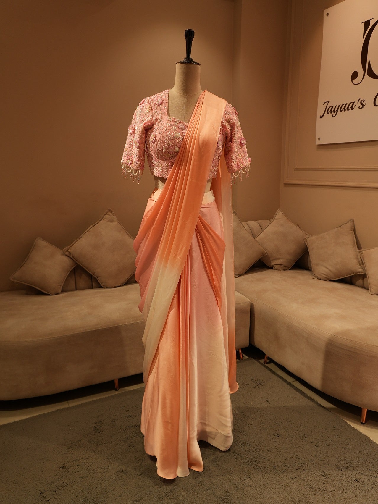 Peach pink shaded drape saree