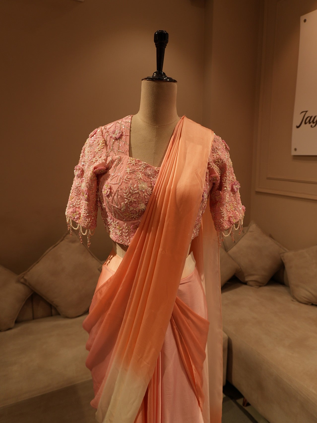 Peach pink shaded drape saree