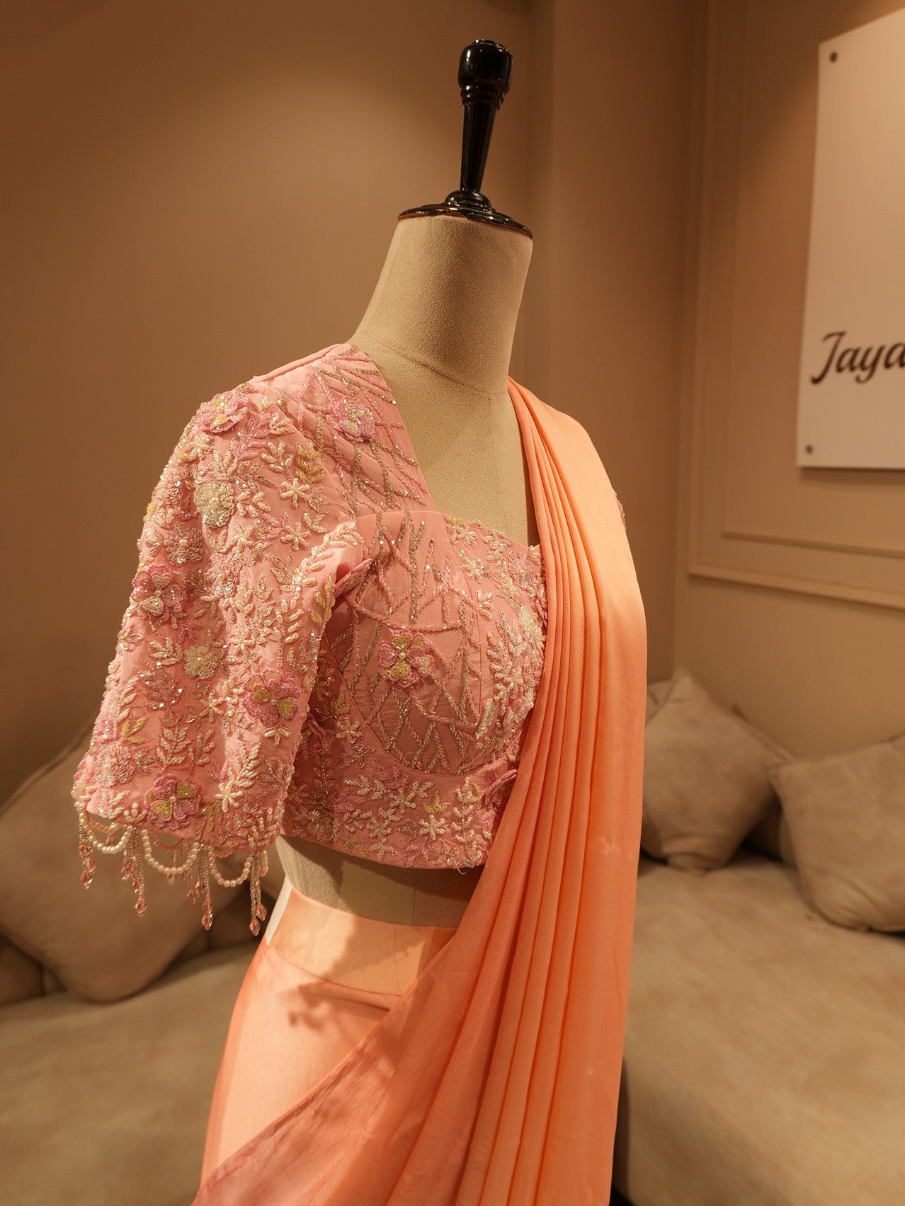 Peach pink shaded drape saree
