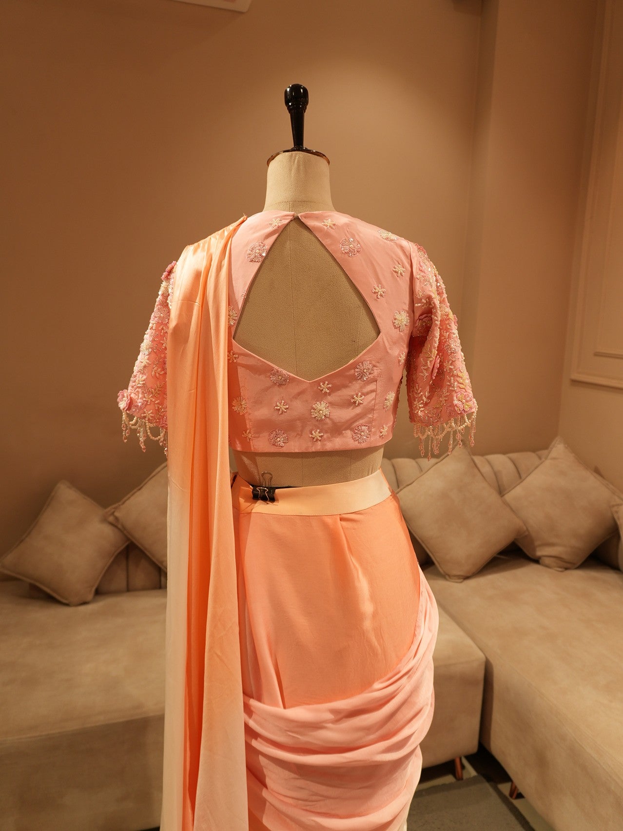 Peach pink shaded drape saree