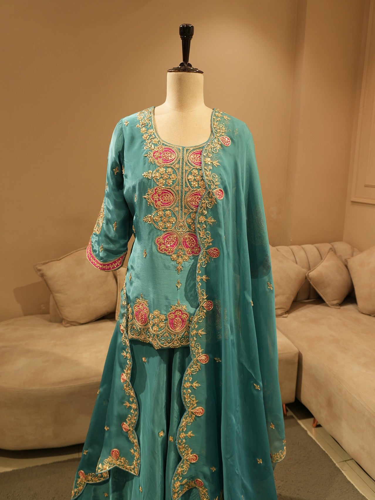 Turquoish green embroidered lehenga set