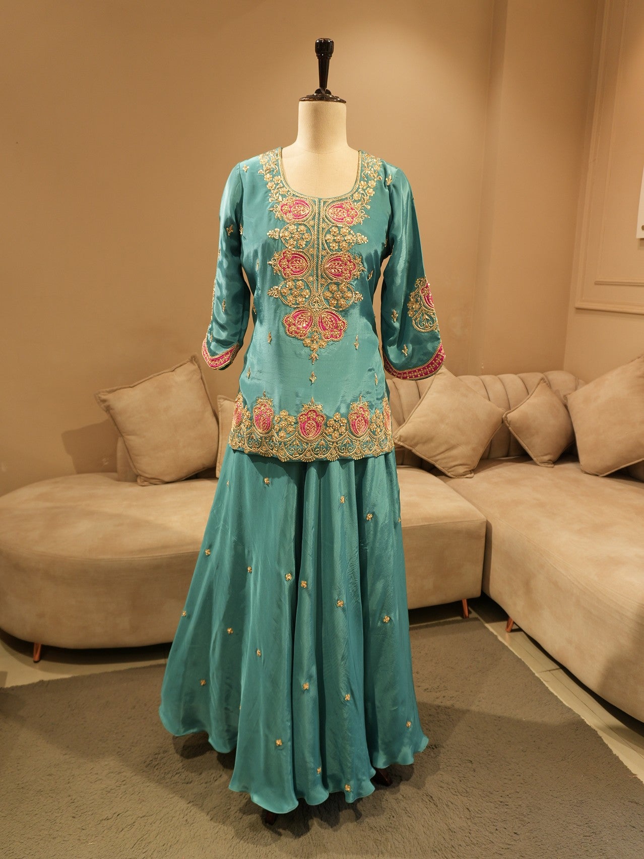 Turquoish green embroidered lehenga set