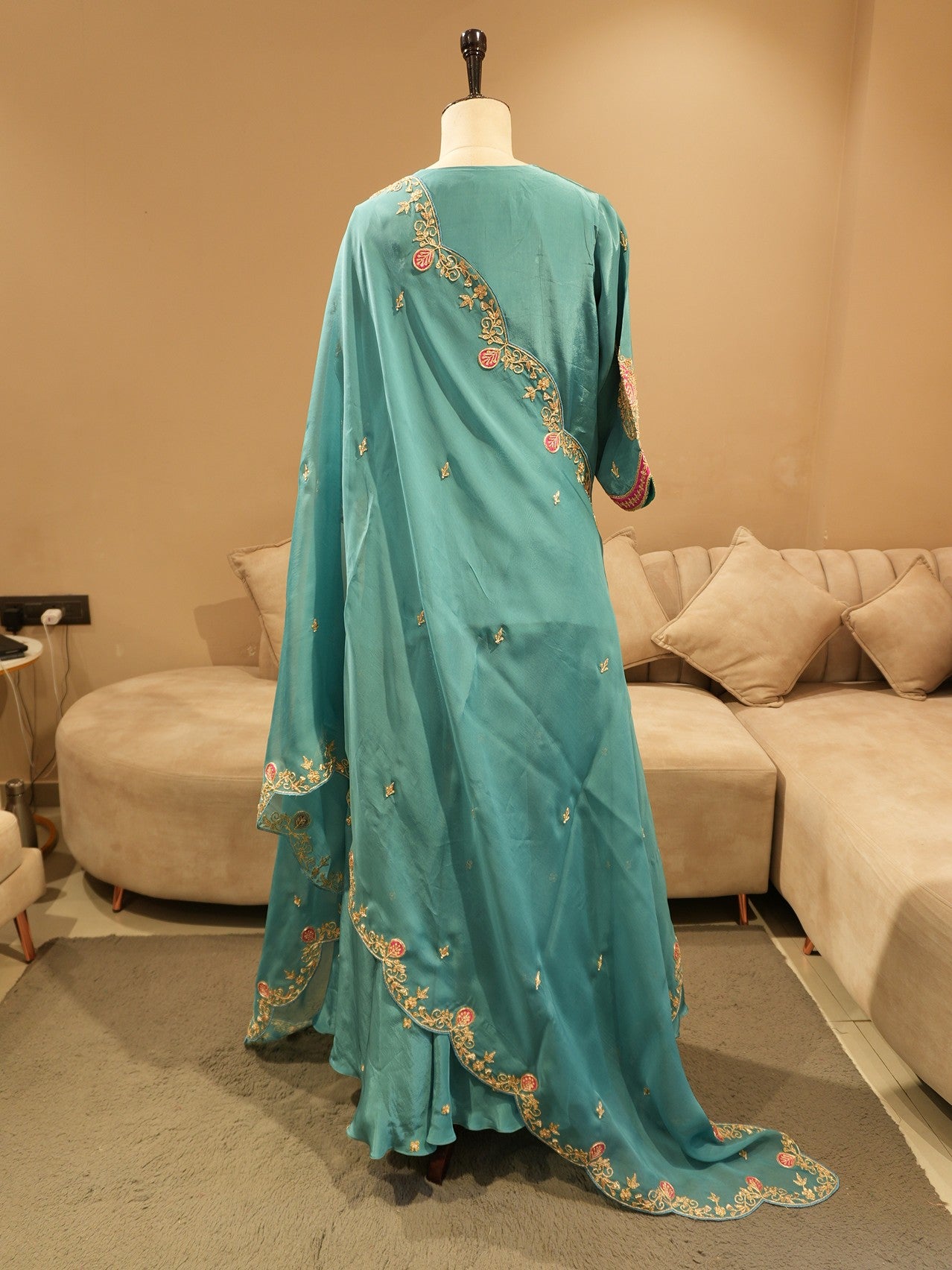 Turquoish green embroidered lehenga set