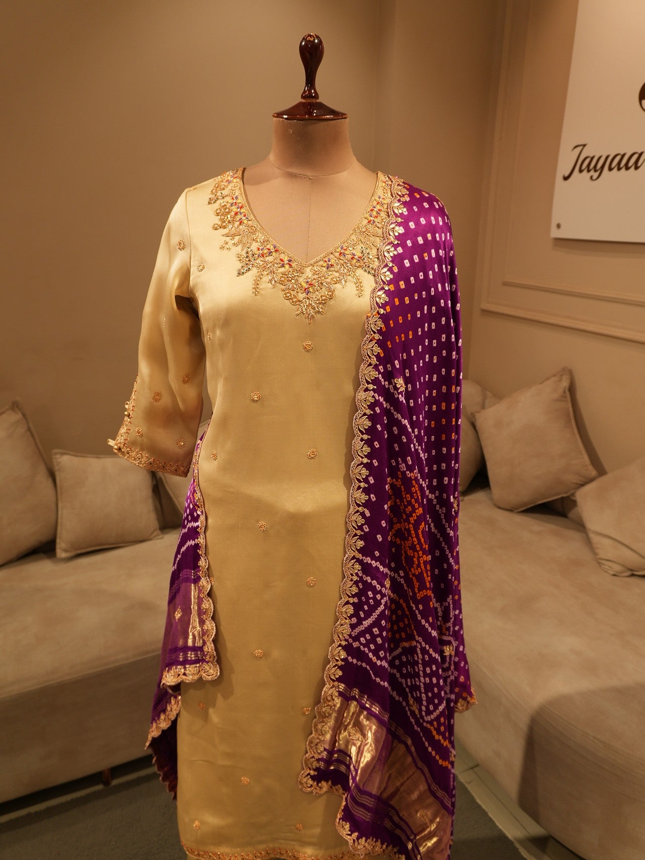 Beige embroidered kurta pants with bandhej dupatta