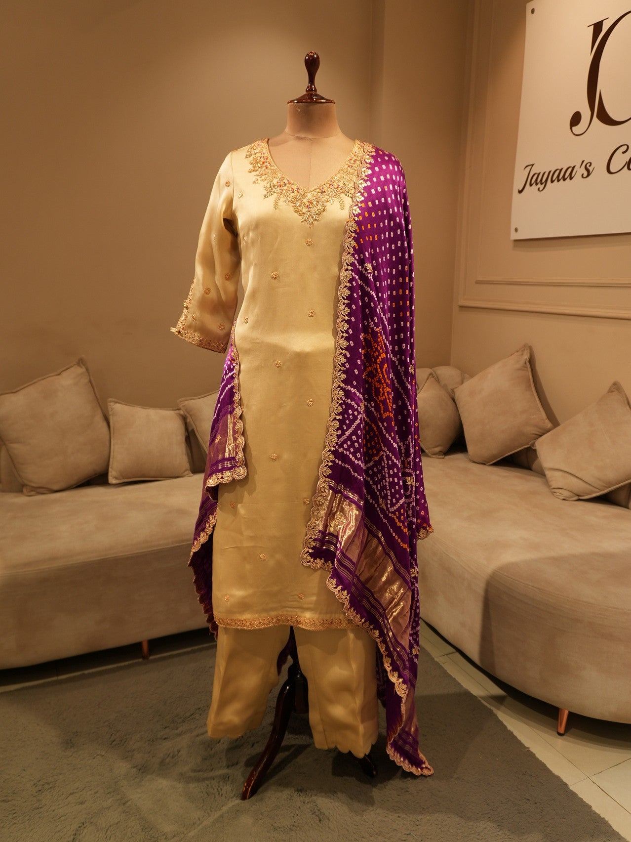 Beige embroidered kurta pants with bandhej dupatta