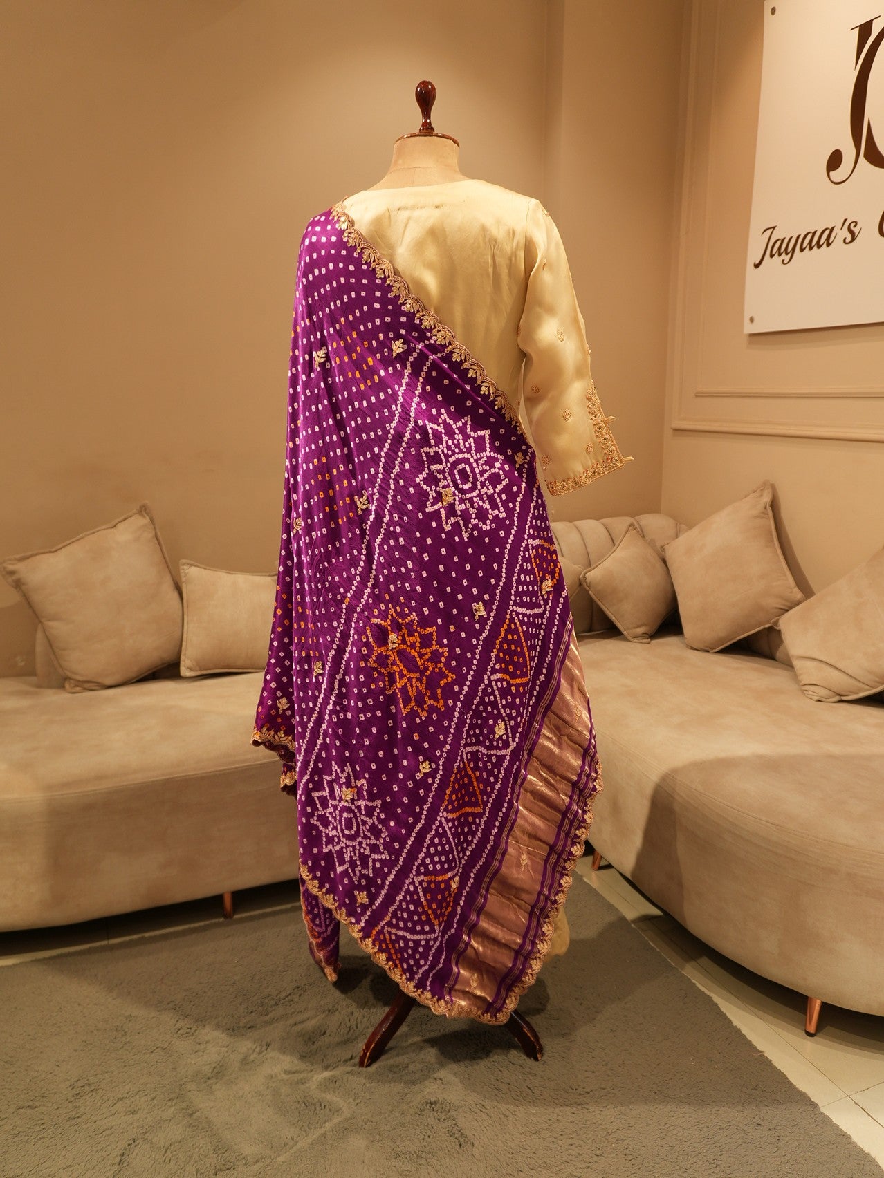 Beige embroidered kurta pants with bandhej dupatta