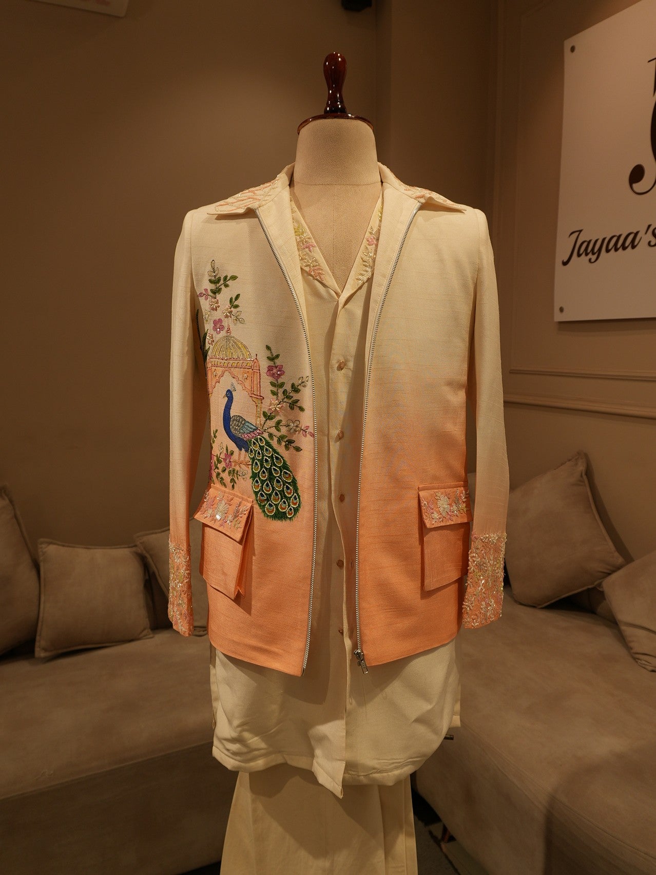 Peach shaded peacock hand painted mens indo western