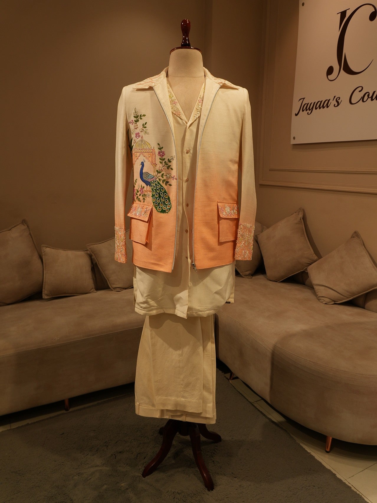 Peach shaded peacock hand painted mens indo western