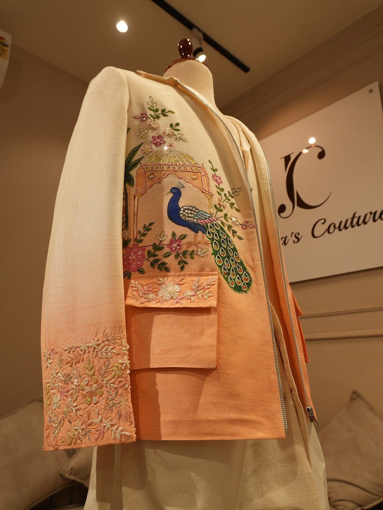 Peach shaded peacock hand painted mens indo western
