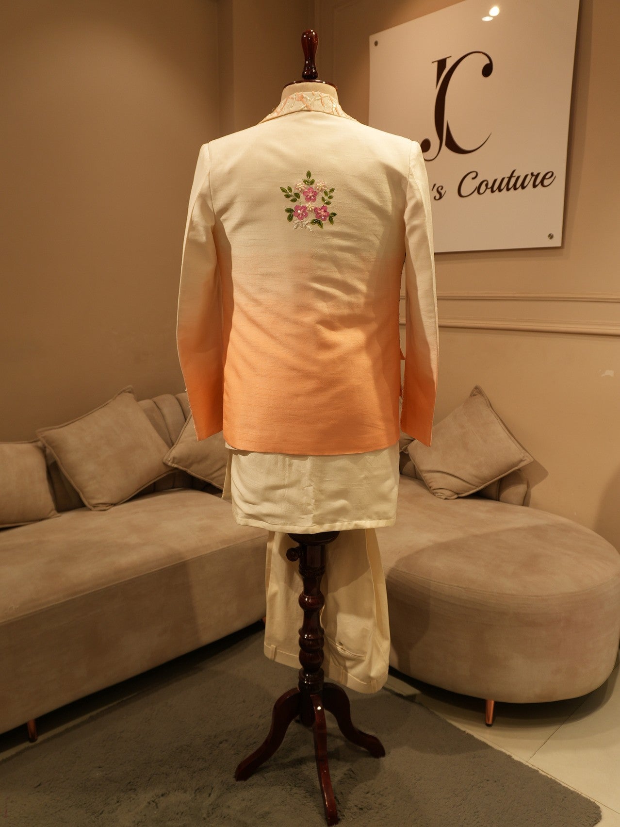 Peach shaded peacock hand painted mens indo western