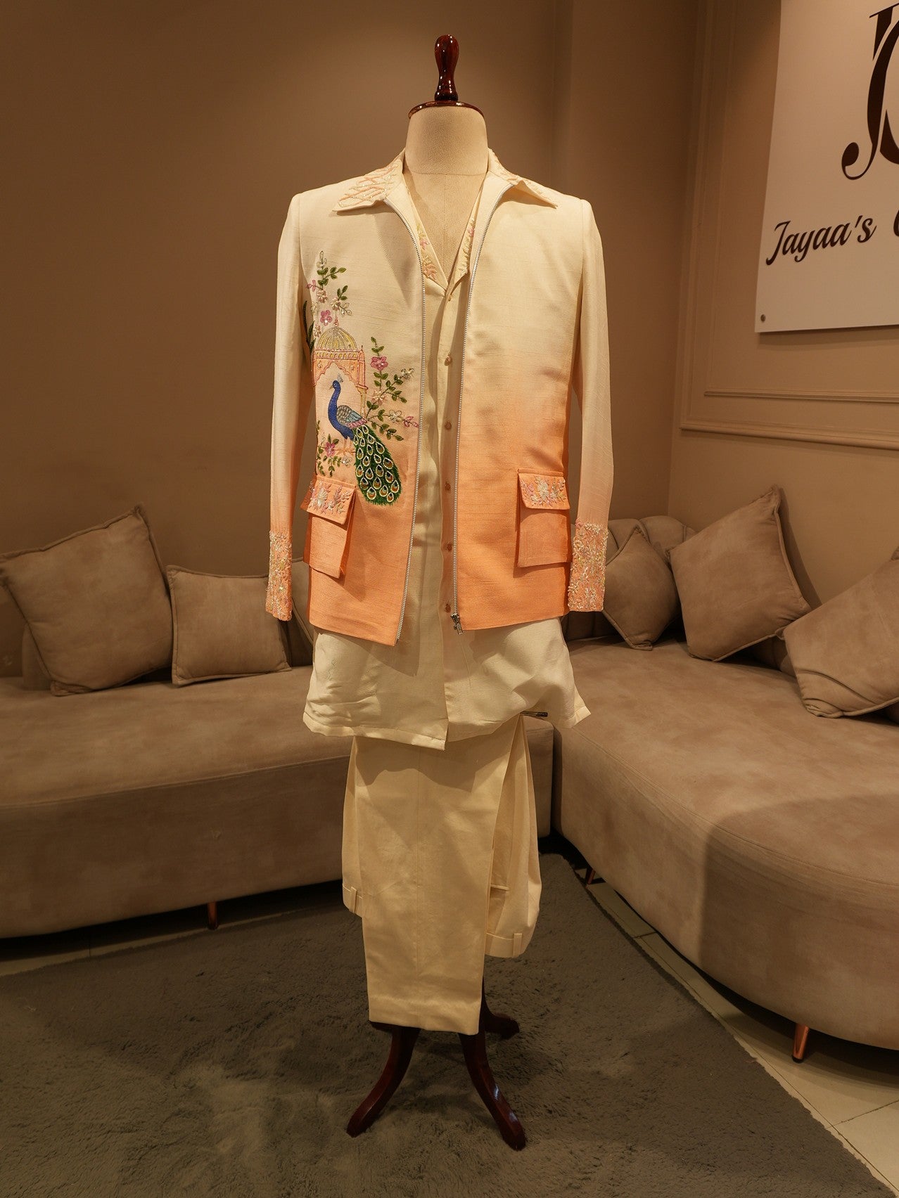 Peach shaded peacock hand painted mens indo western