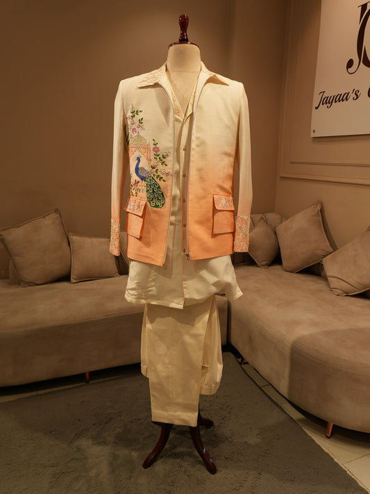 Peach shaded peacock hand painted mens indo western