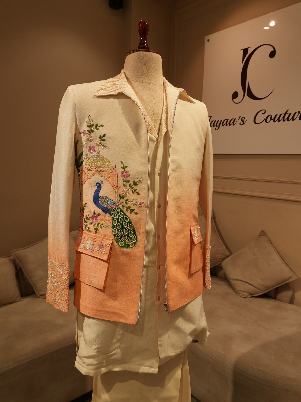 Peach shaded peacock hand painted mens indo western
