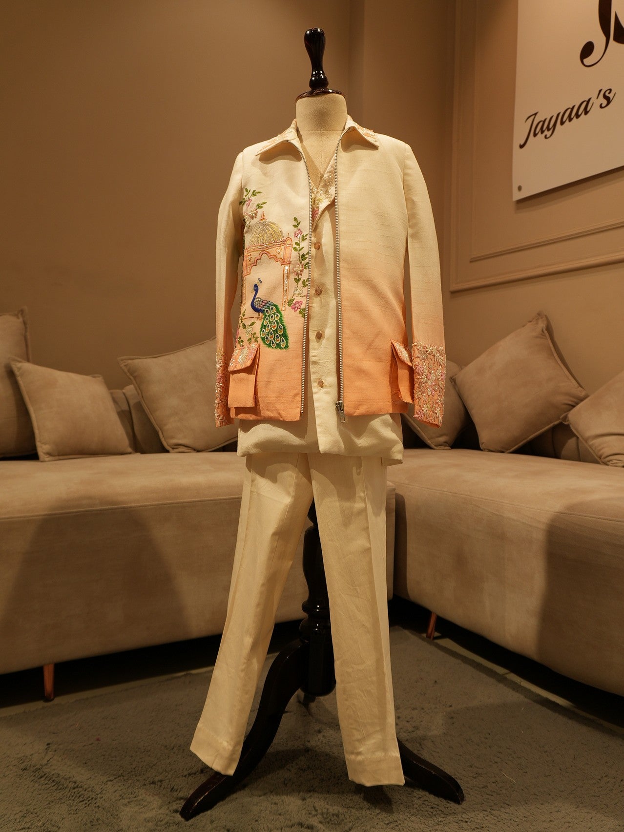 Peach shaded peacock hand pained kids indo western