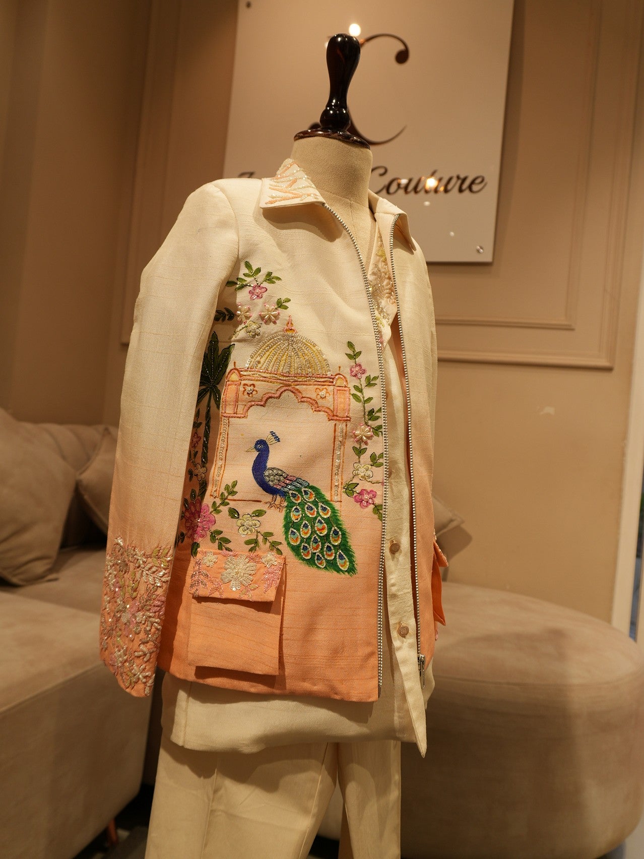 Peach shaded peacock hand pained kids indo western