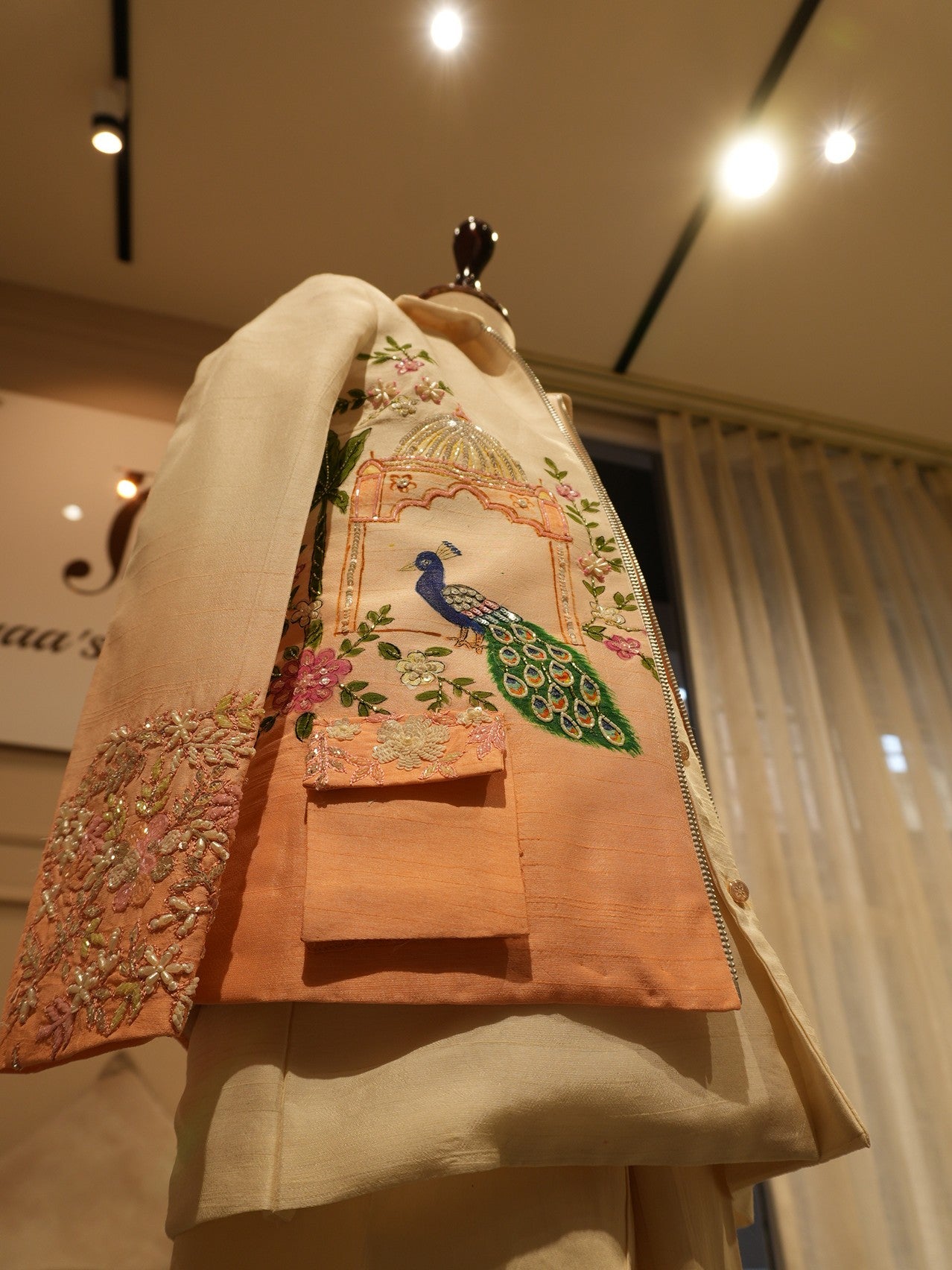 Peach shaded peacock hand pained kids indo western