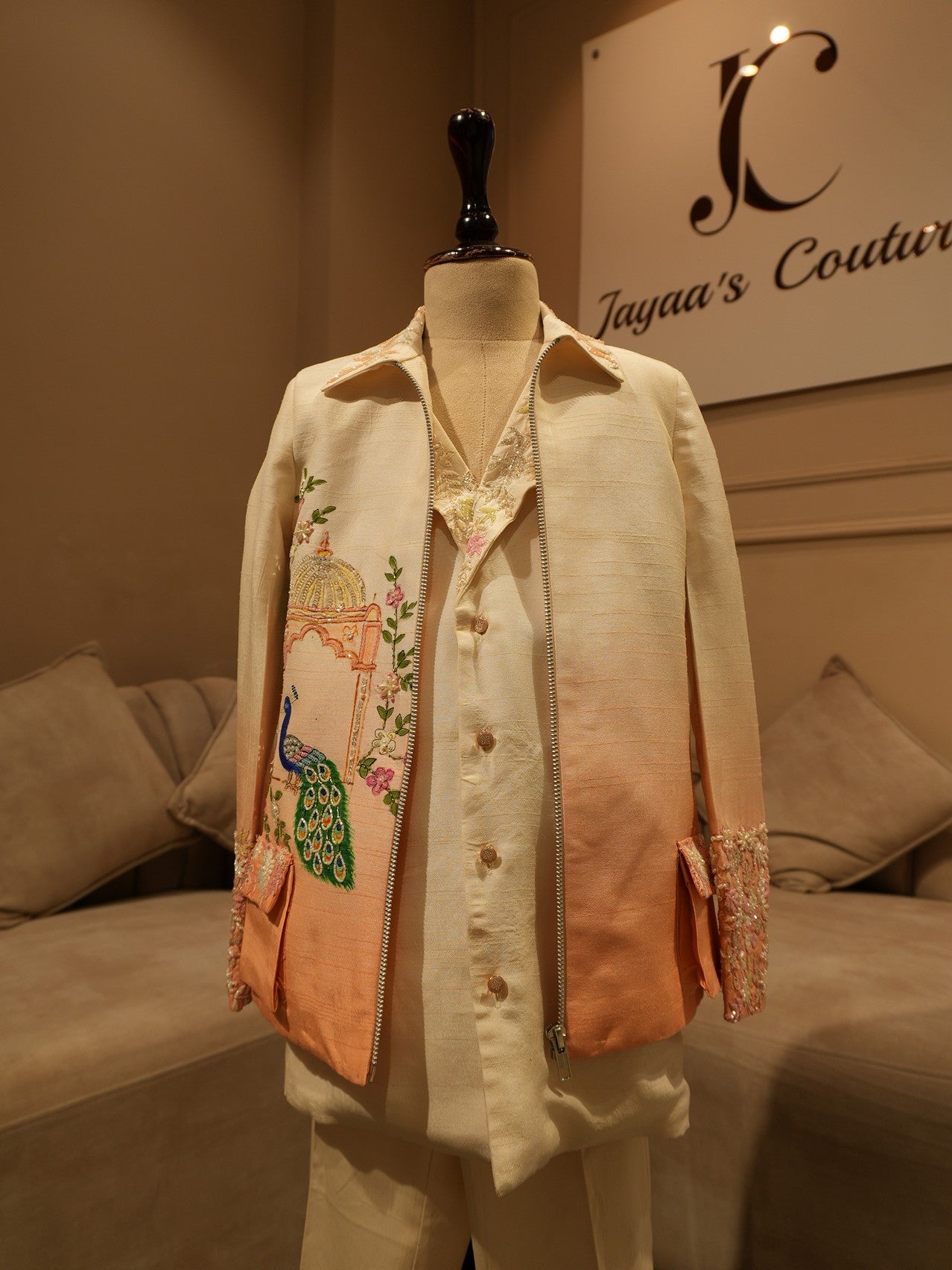 Peach shaded peacock hand pained kids indo western