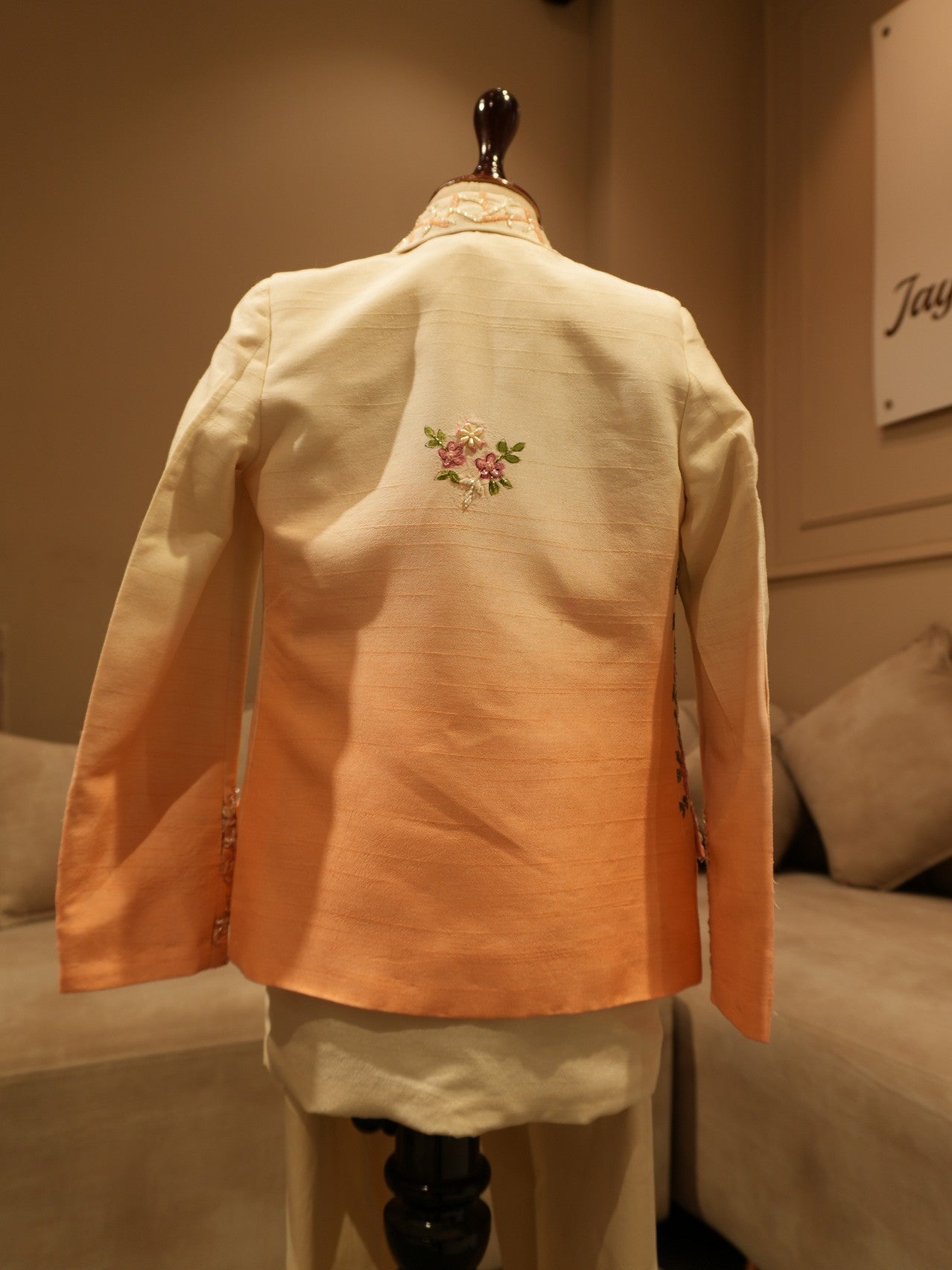 Peach shaded peacock hand pained kids indo western
