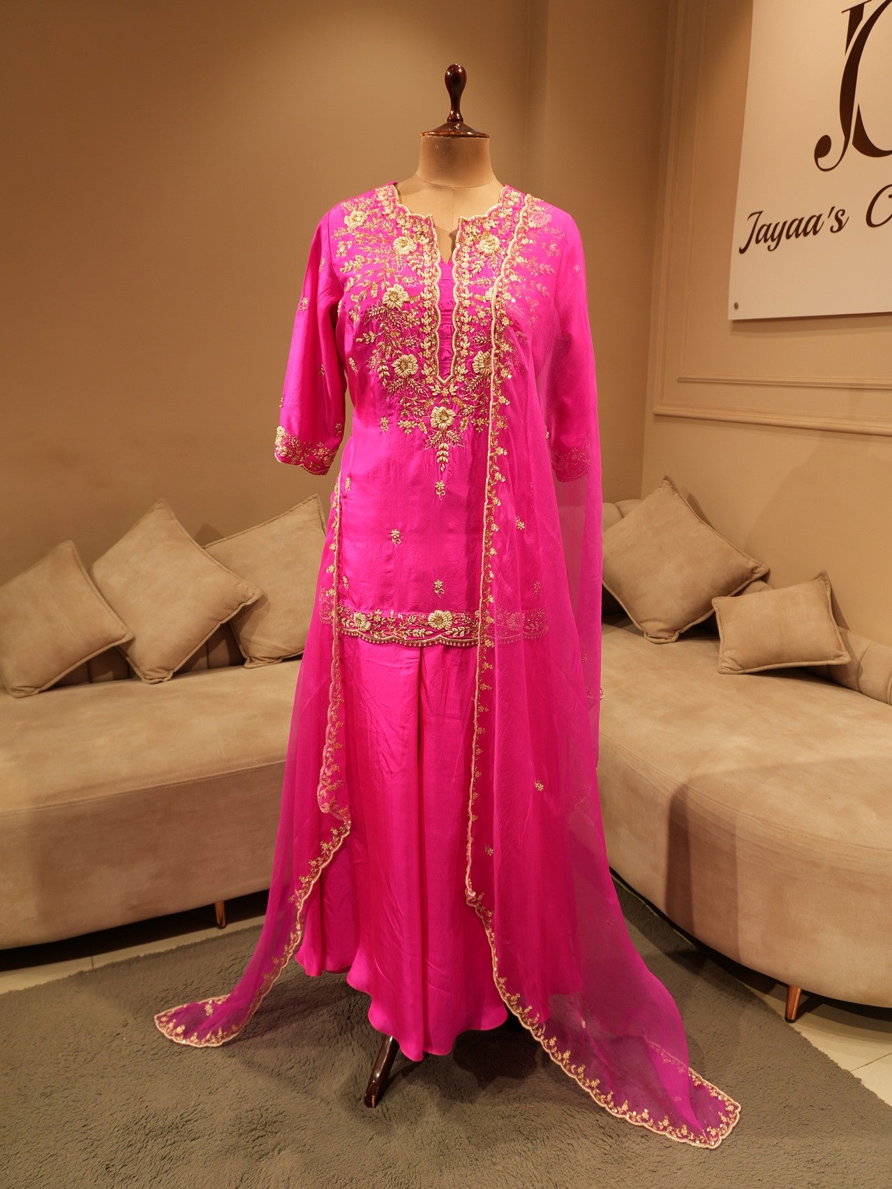 Magenta pink embroidered kurta palzo dupatta