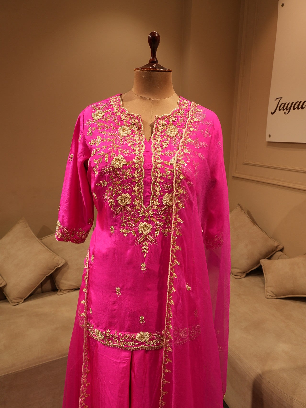 Magenta pink embroidered kurta palzo dupatta